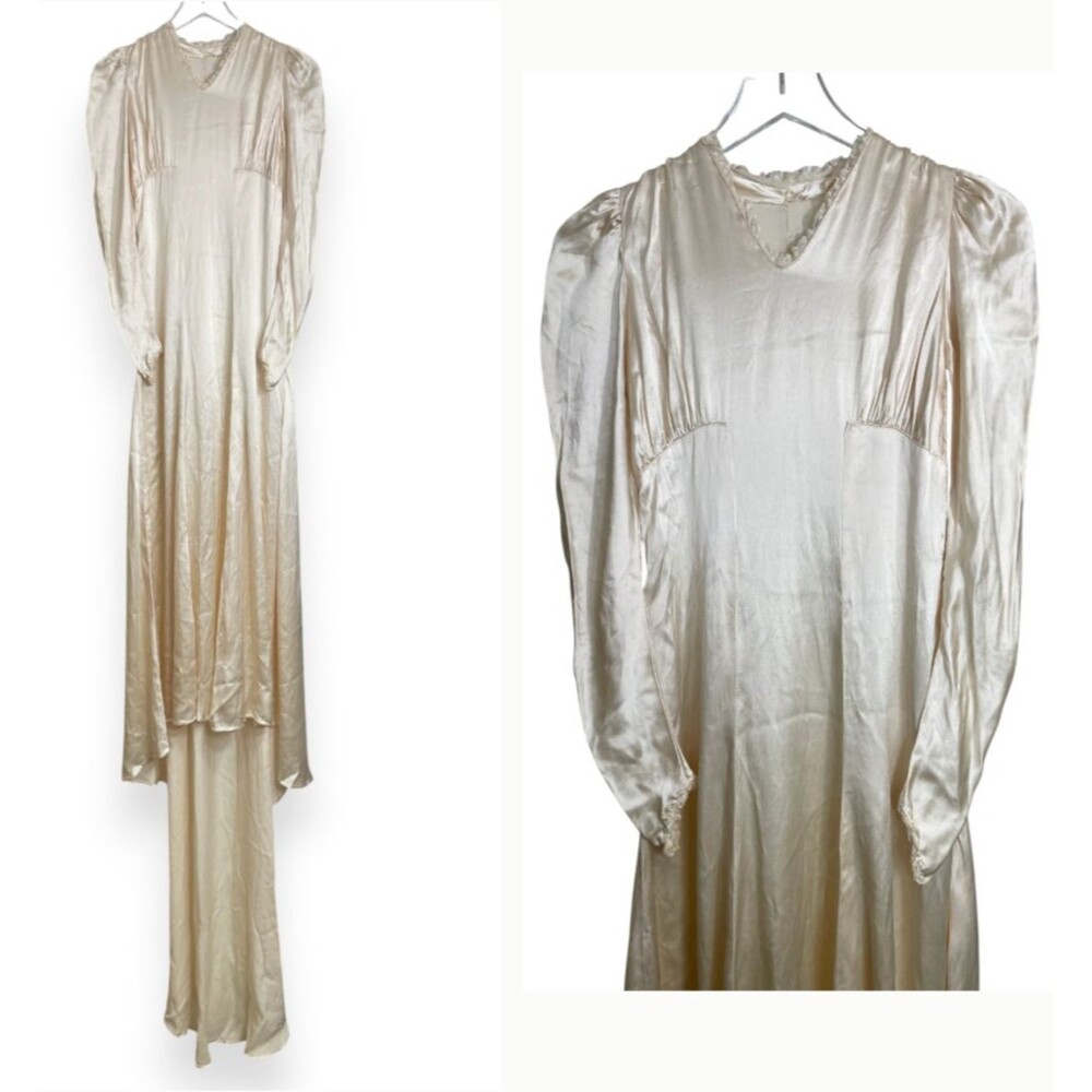 Vintage 1930s Ivory Satin Art Deco Wedding Dress Gown Train Bias Cut Liquid
